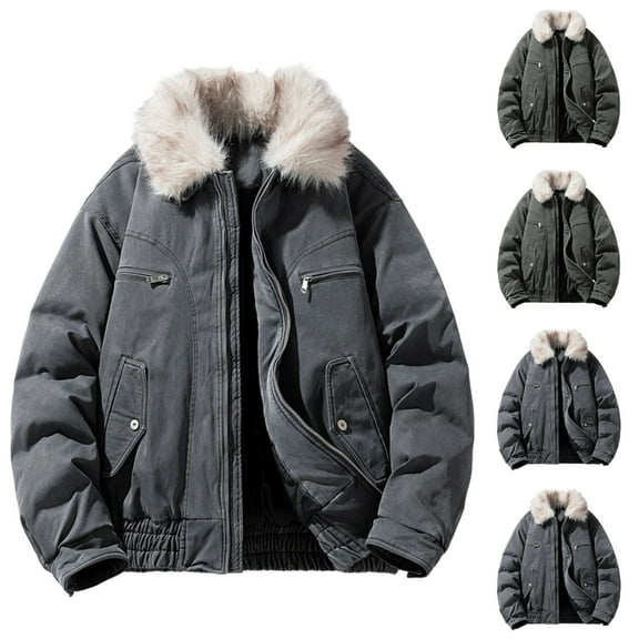 Xdegoge Durable Workwear Jacket for Men Full Zip Stand Collar Quilted Jackets Plus Size Causal Loose Coat Fashion Fall Winter Solid Color Pocketed Streewear with Fluffy Collar