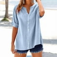 thumbnail image 2 of Cotton Linen Shirts for Women Summer Casual Button Down V Neck Blouse Comfy Loose Short Sleeve Pullover Tops for Business Work, 2 of 5