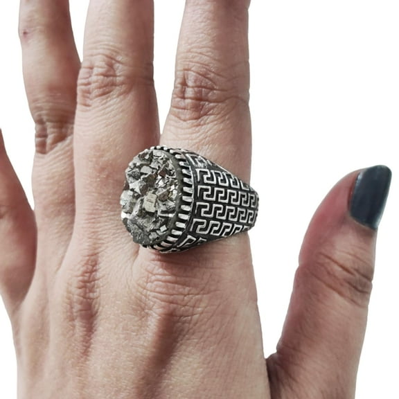 Rough Pyrite Mans Ring, Natural RAW Pyrite Gemstone Ring, Money Pyrite Birthstone, Silver Jewelry, 925 Silver Ring, Birthday Gift, Heavy Mens Ring, Arabic Turkish Ottoman Ring, Christmas, Signet Ring