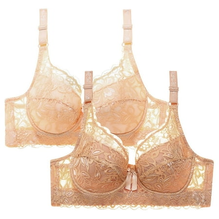 WREESH Womens 2 Pack Lace Bralette Push Up Soft Padded Wireless Plunge Bra Adjustable Strap Comfortable Everyday Bra Underwear Beige