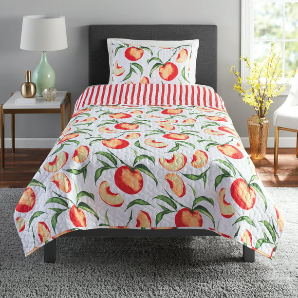 Traditional Peaches 3 Piece Quilt Sets, Pretty Peach Duvet Cover Set With Reusable Fabric Bag