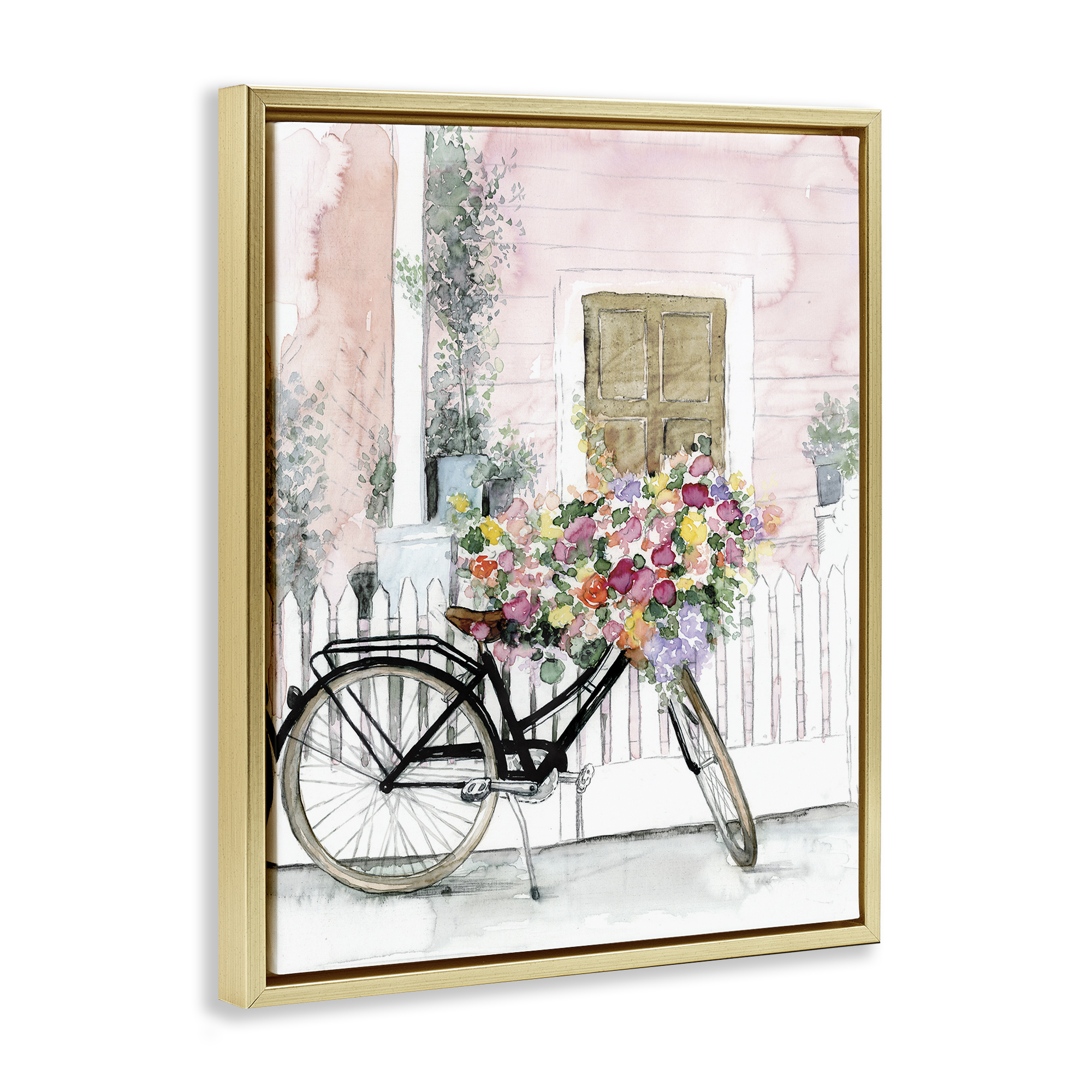 Stupell Industries Watercolor Bicycle Bouquet Botanical & Floral Painting Gold Floater Framed Art Print Wall Art, 17 x 21