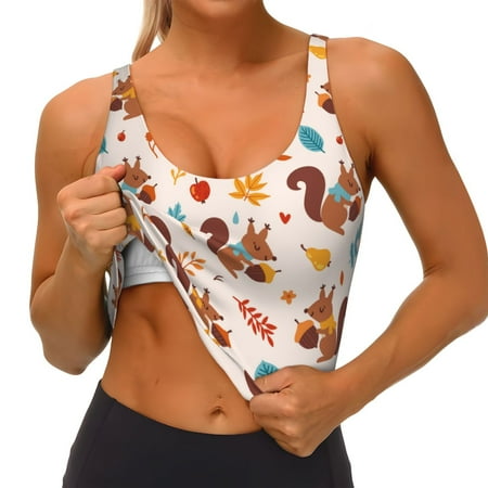 Qokaie Forest Squirrel Nuts Pattern Womens Scoop Neck Sports Bra Breathable Workout Vest Padded U Back Medium Impact Fitness Gym Yoga Bra Workout Crop Top