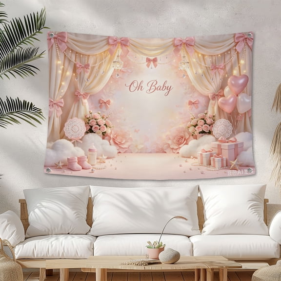 Bow Baby Shower Backdrop Banner Oh Baby Bow Baby Shower Decorations Coquette Photography Background for Newborn Baby Bowknot Banner 3.3*5FT