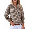 thumbnail image 1 of Women'S Plaid Ruffle V Neck Button Down Blouse Casual Long Sleeve Gingham Work Checkered Shirt Tops Brown S, 1 of 8