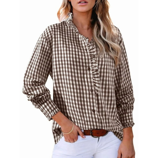 Women'S Plaid Ruffle V Neck Button Down Blouse Casual Long Sleeve Gingham Work Checkered Shirt Tops Brown M