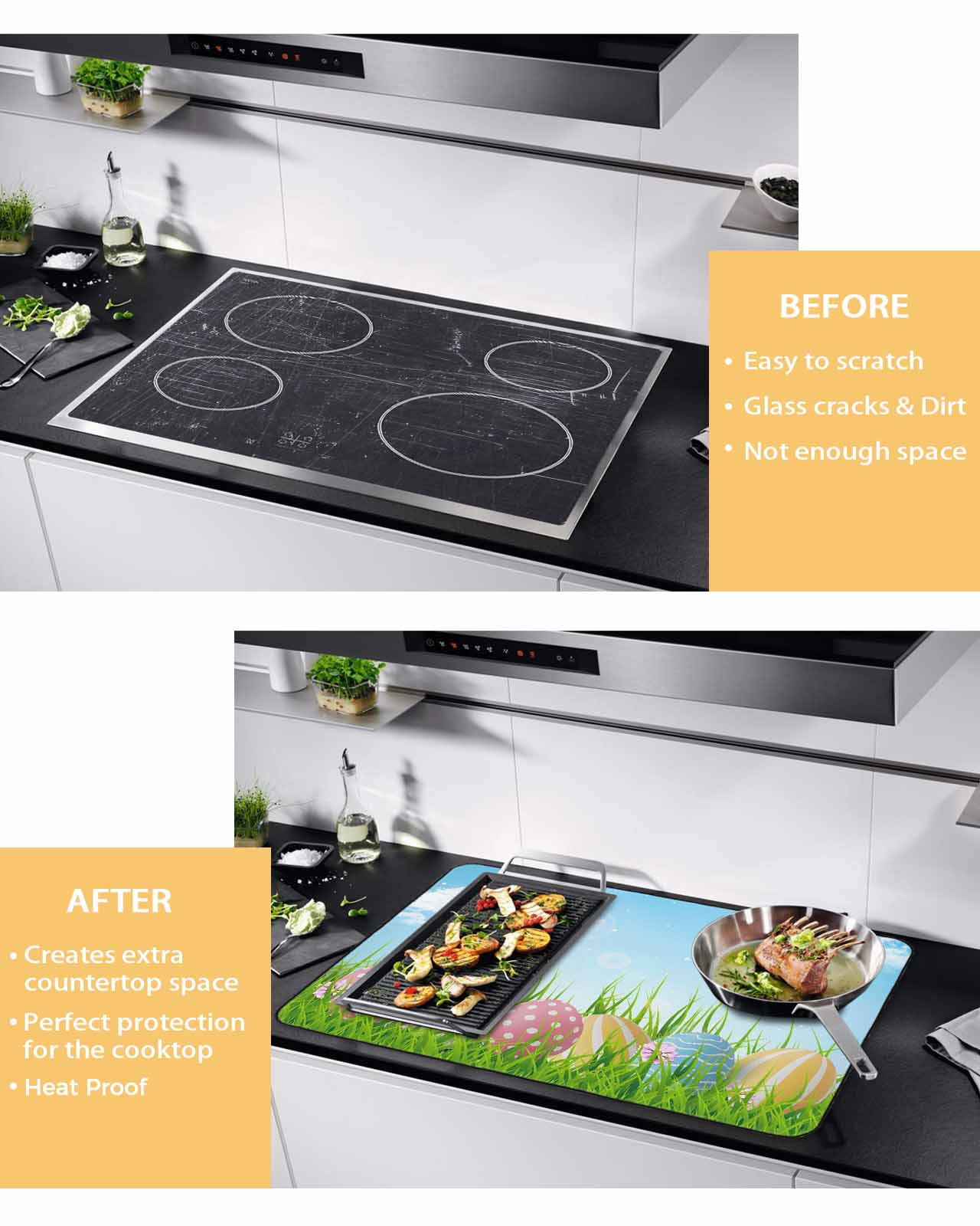 Large Induction Cooktop Protector Mat Easter Stove Top Covers for Electric Stove, Spring Country Colorful Eggs Grass Green Sky Blue Decorative Stove Burner Cover Mats, Glass Top Stove Cover