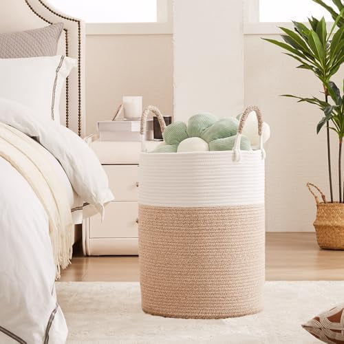 60L Hamper Laundry Basket Tall Woven Clothes Hamper for Baby Girls Nursery Kids Cotton Rope Blanket Basket in Living Room Bathroom Bedroom Brown 15Dx20H inches Large