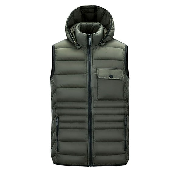 TFEOQRY Men's Winter Thermal Vest Hooded Button Tank with Pockets Stand Collar Zipper Top Sleeveless Padded Jacket Olive Green