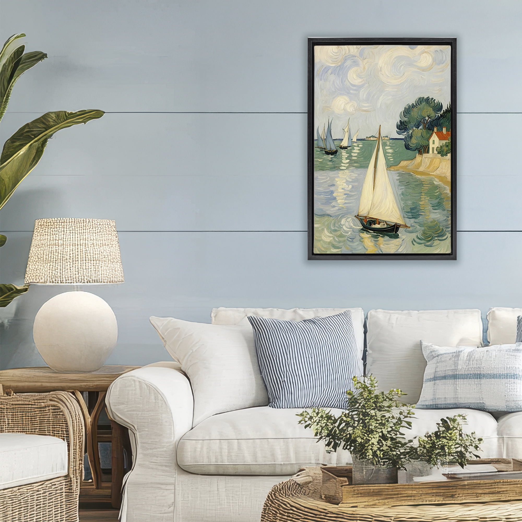 Stupell Industries Coastal Sailboats Under Swirling Clouds Black Framed Floater Canvas Wall Art, design by Angie Hawke