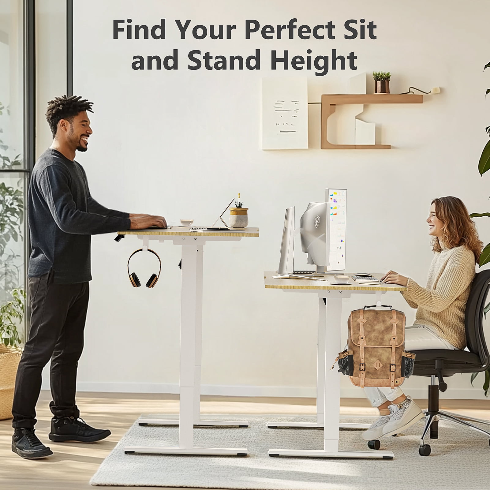 VVENACE Electric Standing Desk, Office Desk, Computer Desk, 55 inch 4 Memory Height Ergonomic Sit Stand up Desk, Height Adjustable Desk, Oak, 2 Split Boards