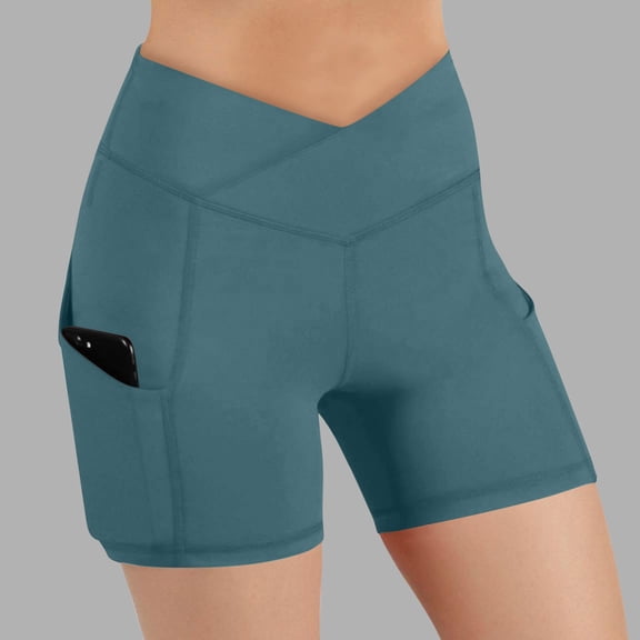 Aimik Women's solid Yoga Shorts High Waisted Tummy Control Booty Lifting Workout Shorts with Pockets Elastic Waist Summer Gym Bottoms