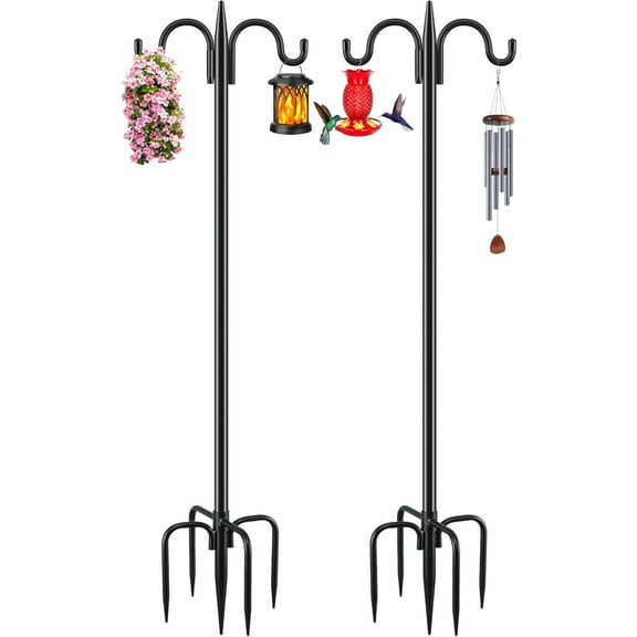 Double Shepherds Hook for Outdoor, 2 Pack 77 Inch Heavy Duty Bird Feeder Pole 3/4 Inch Thick Garden Hooks for Hanging Hummingbird Feeder, Plant Baskets, Solar Light Lanterns