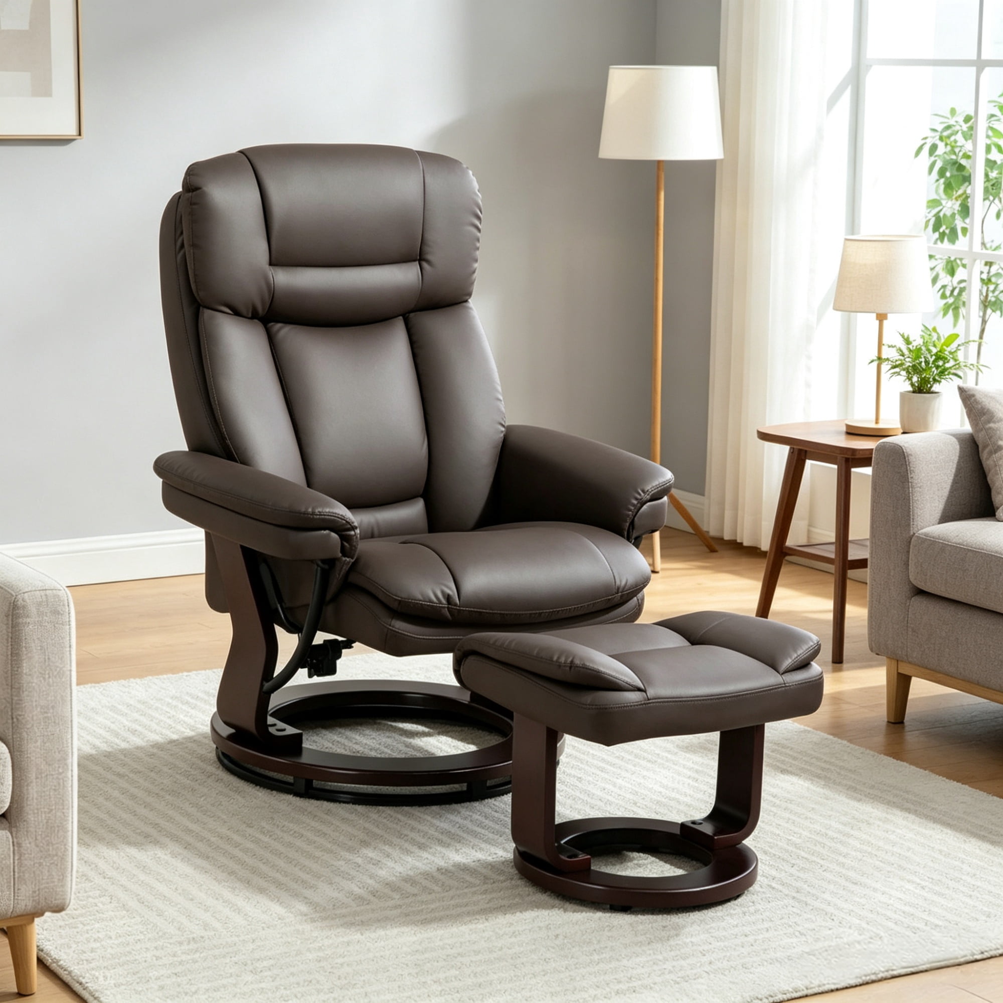 PU Leather Swivel Recliner with Footrest, Dark Brown