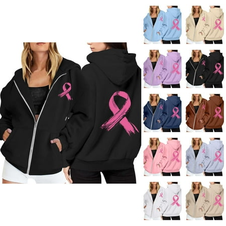 Black Hoodie Womens Sweatshirt Oversized Hoodie Lightweight Casual Zip Up Women Women s Zip Up Hoodie Pullover Cancer Awareness Month Long Sleeve Pocket Drawstring Casual Sweatshirt For Everyday Wear