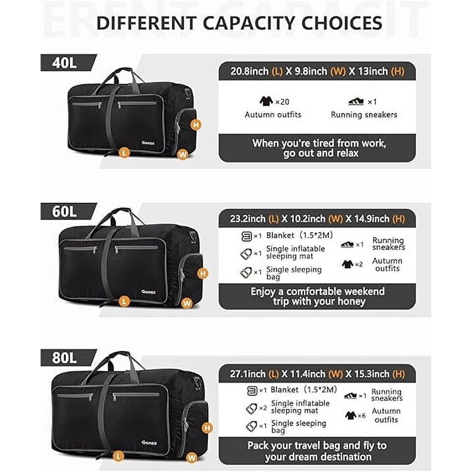 DAKOMM Travel Duffle Bag, 65L Foldable Weekender Bags for Women with Shoe Compartment, Carry on Overnight Bag for Men Women, 24" Gym Travel Bag Water Repellent & Tear Resistant, Black