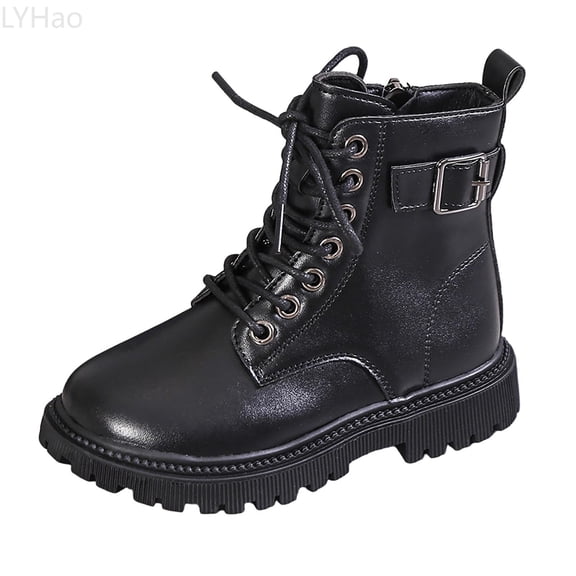 LYHao Girls Ankle Boots With Buckle Lace Up Design And Side Zipper For Autumn Winter Fashion Casual Wear Comfortable Durable Leather Upper Sole ,Girls Boots Sizes 10 Black(3.5-4 Years)
