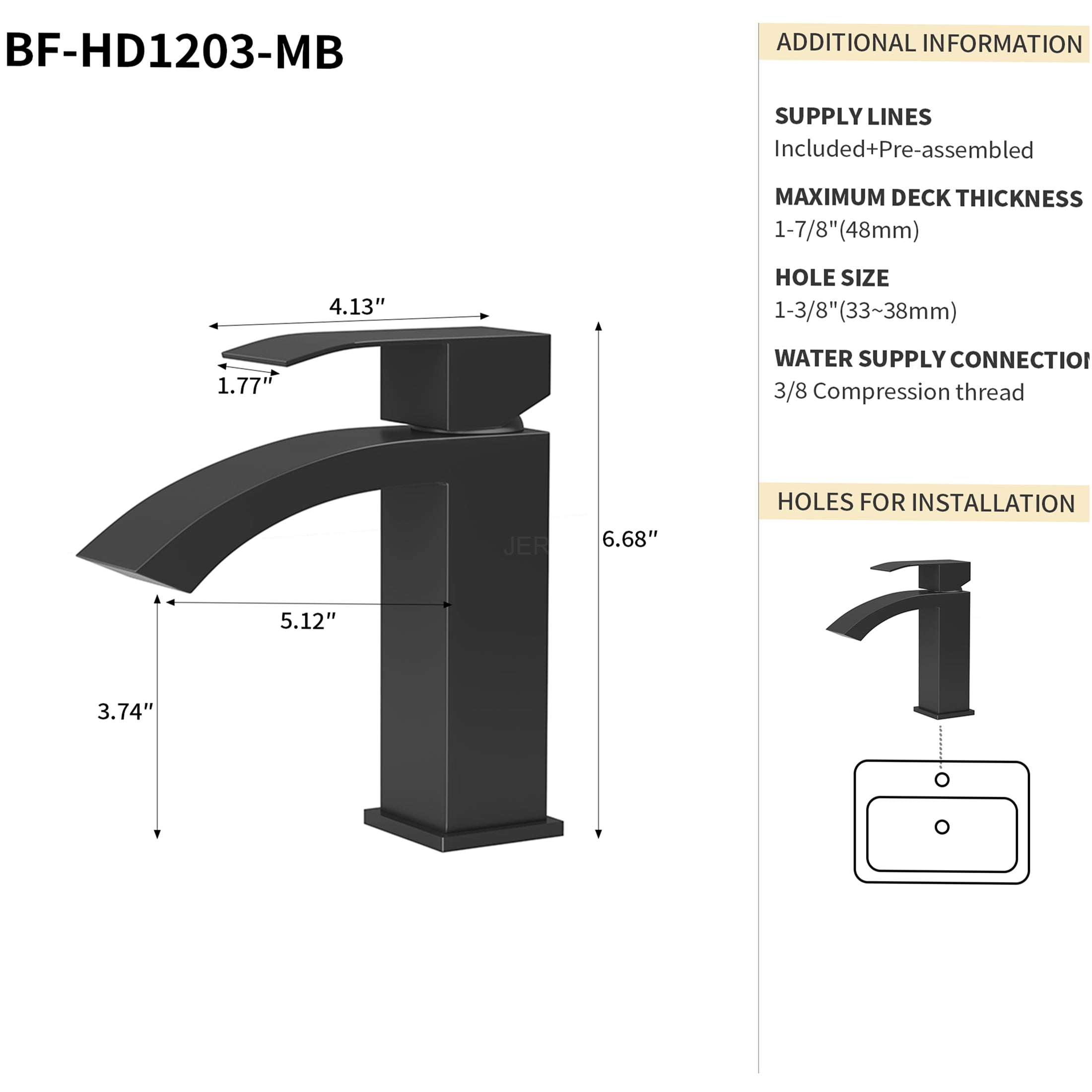 JERFIT Single Handle Bathroom Sink Faucet, 6.68" Matte Black Modern Vessel Vanity Faucet with Ceramic Cartridge, CUPC Certified