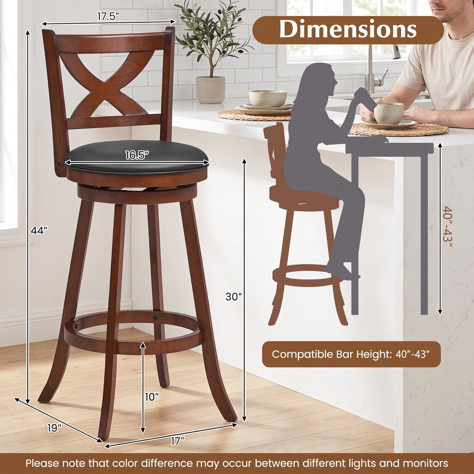 Furnibear 2 Pieces Classic Counter Height Swivel Bar Stool Set with X-shaped Open Back-30 Inch for Kitchen Island Counter Bar Pub Dining, Espresso