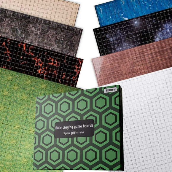 Hexers Role-Playing Game Board Mat, Square Grid Terrains, 8 Different terrains, Compatible with Dungeons and Dragons DND Pathfinder RPG, 27 on 23 inches, 1 inch Squares,
