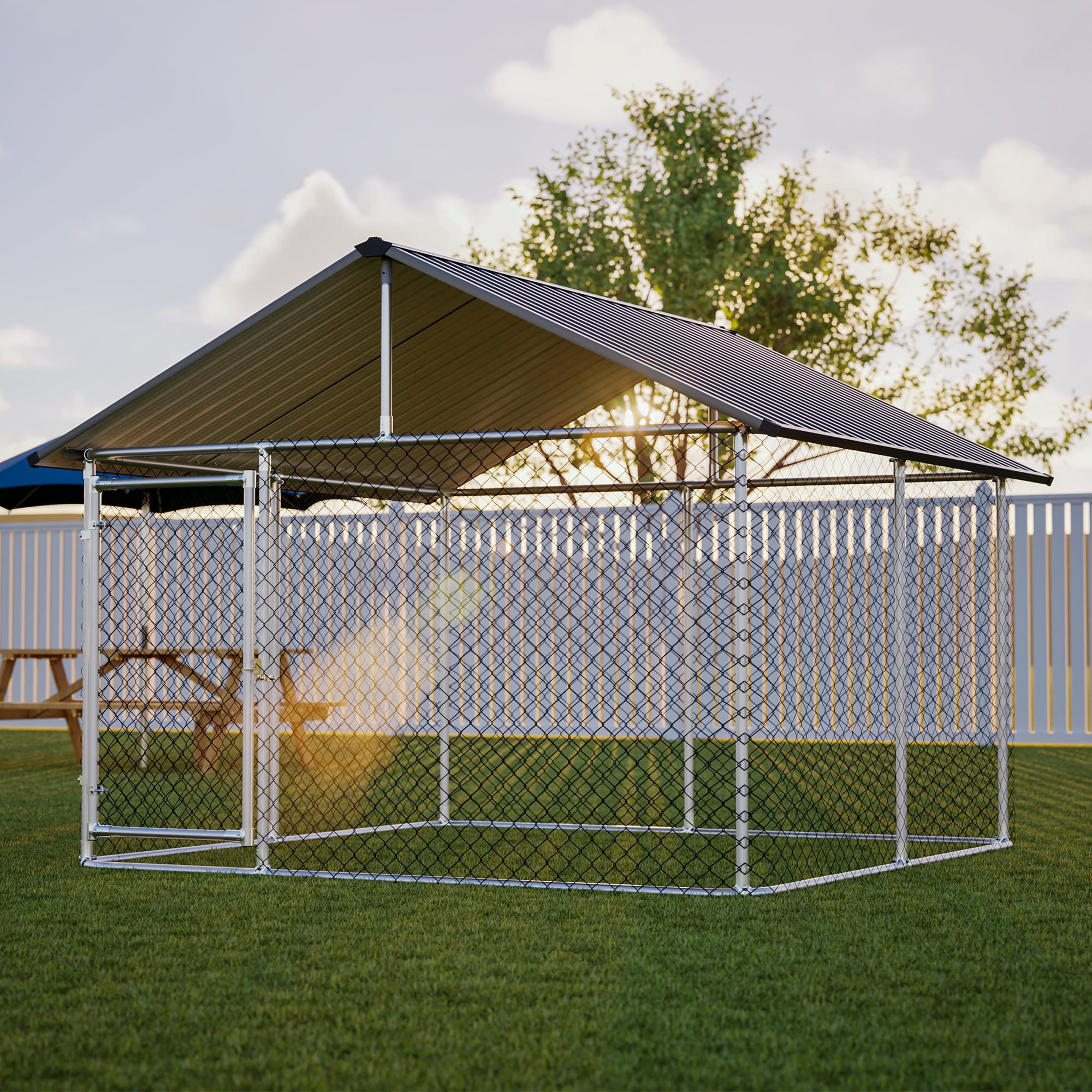 7.5'x7.5' Outdoor Heavy Duty Dog Kennel for Large Dogs, Rust-Proof Coated Wire Mesh Dog Cage with Sturdy Metal Roof, Secure Lock & All Weather Metal Enclosure
