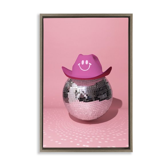 Stupell Industries Disco Ball with Cowboy Hat Performing Arts Painting Brown Floater Framed Art Print Wall Art, 21 x 31