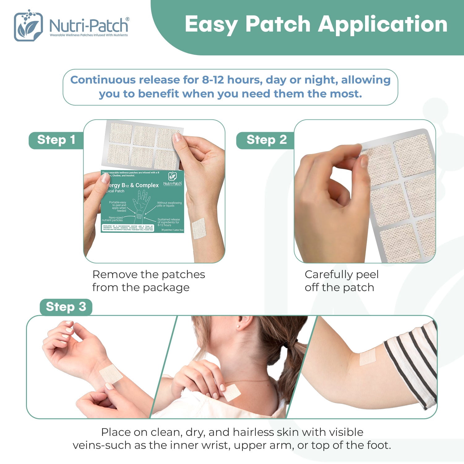 NUTRI-PATCH Energy B12 & B-Complex Skin Patches | Sustained Release Vitamins with Biotin, Choline, Inositol (30 Count)
