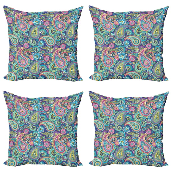 Ambesonne Paisley Throw Pillow Cover 4 Pack, Bohem Colorful, 16", Multicolor