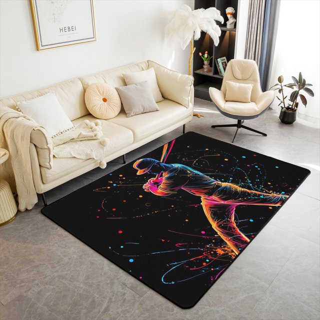 Baseball Area Rug 5x7 for Bedroom,Neon Baseball Player Carpet for Living Room,Sport Game Indoor Floor Mat Non Slip,Competing Ball Decorative Rug