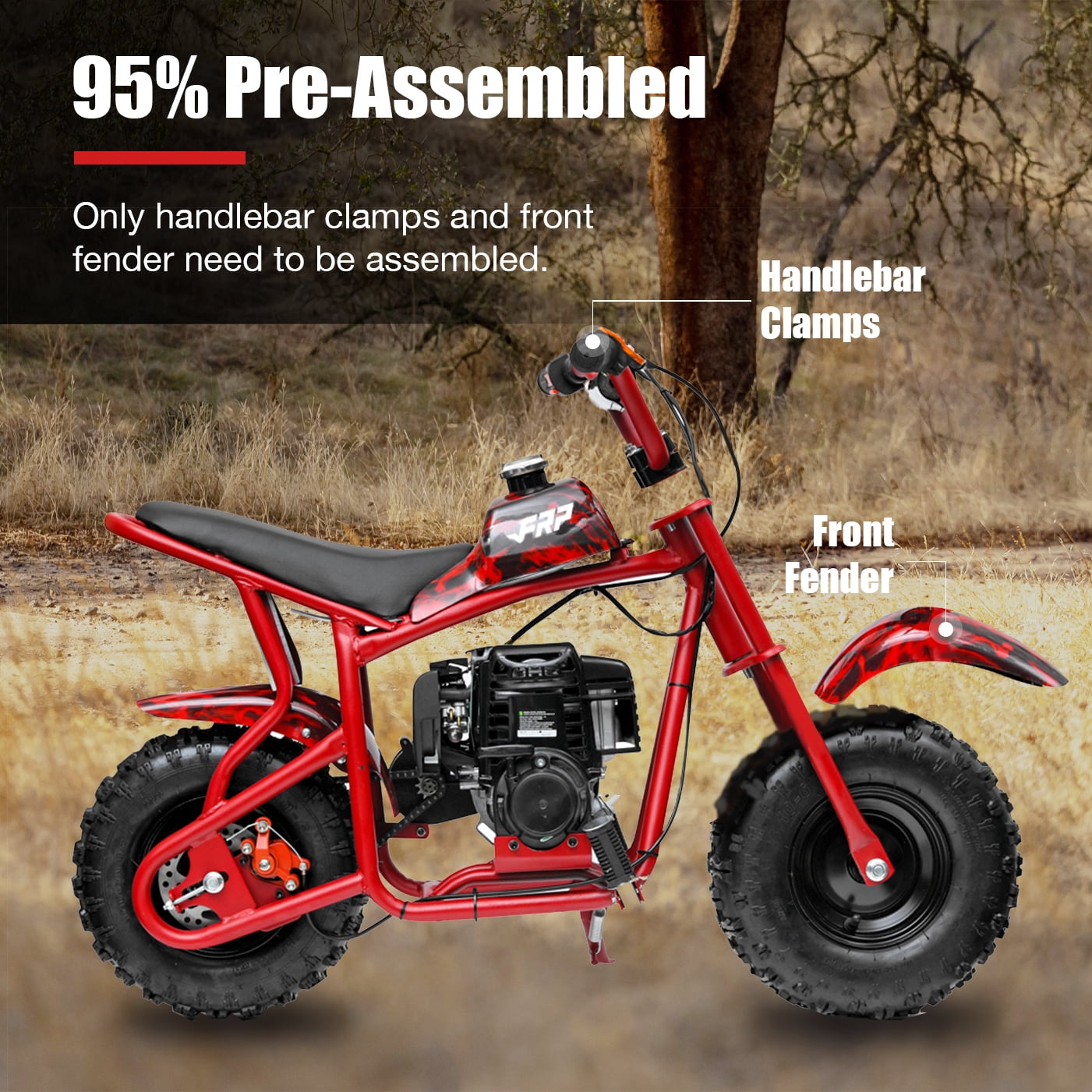 50cc 2-Stroke Kids Dirt Bike, Gas Powered with Pull Start, No Oil Mixing (Oil-Injection), Rear Disc Brake, Up to 20 MPH, 165 lb Capacity, for Teens 13+