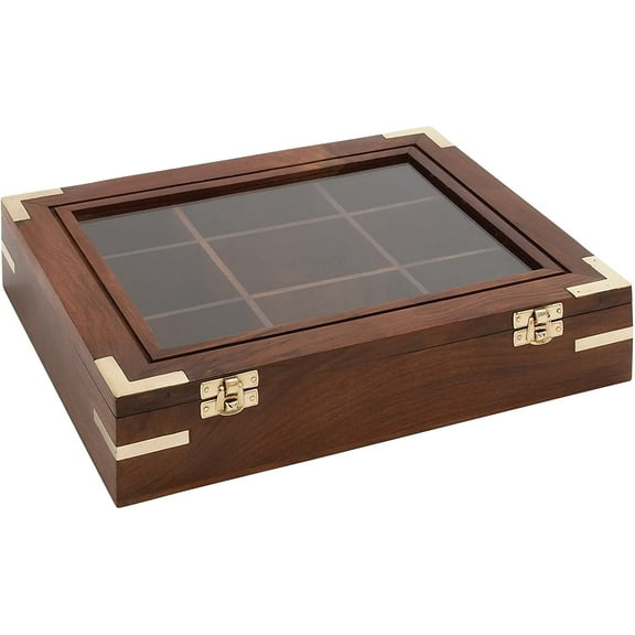 Wooden Handcrafted Box With Divided 09 Compartments | Home Decor Styled & Attractive | Housewarming Decorative Gifts Ideas | Collectible & Jewellery Storage, Keepsakes Case With Glass Transparent Lid