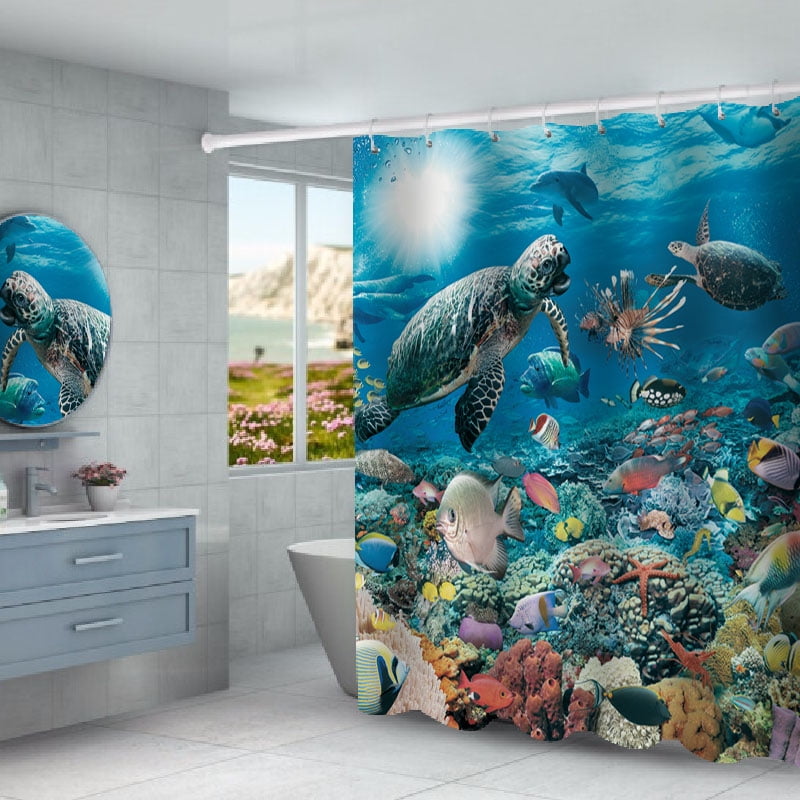 Graffiti Sea Turtle Starfish Fabric Shower Curtain Bathroom Waterproof & Hooks 