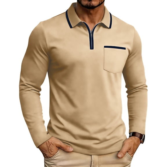 hoksml Men's Long Sleeve Collared T-Shirt, Contrast Trim Zipper Placket Chest Pocket Relaxed Fit Stretch Soft Top for Business Golf Daily Outdoor Casual Wear