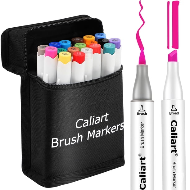 Juego de rotuladores Caliart, 18 colores, brocha y cincel, doble punta, alcohol