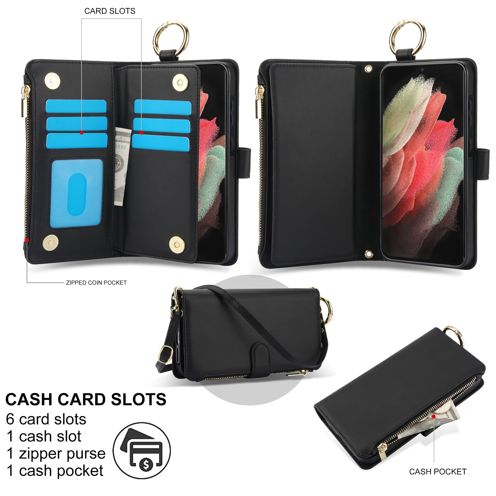 ELEHOLD For Samsung Galaxy S21 Ultra Phone Case Leather Crossbody Zipper Card Wallet Flip Case Kickstand Cover, with Ring Holder,Full Body Protection-Black
