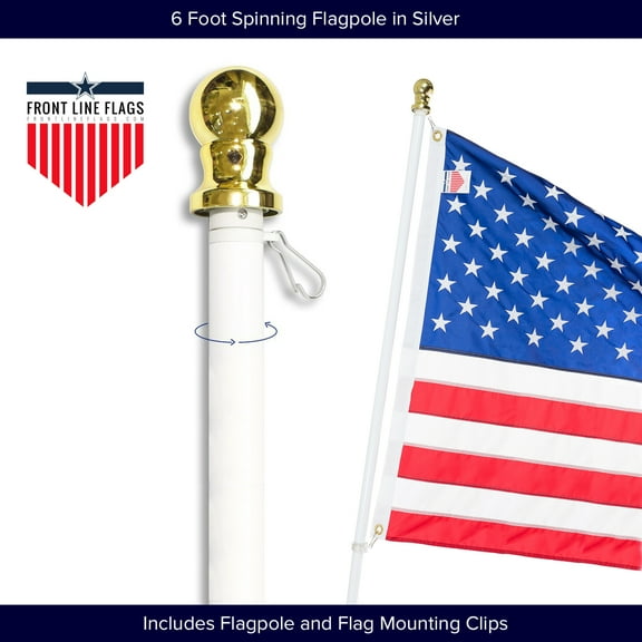 Flagpole 6' Foot White Aluminum Spinning Tangle-Free, Wind and Runs Resistant,  White Wall Mount Flag Pole by Front Line Flags