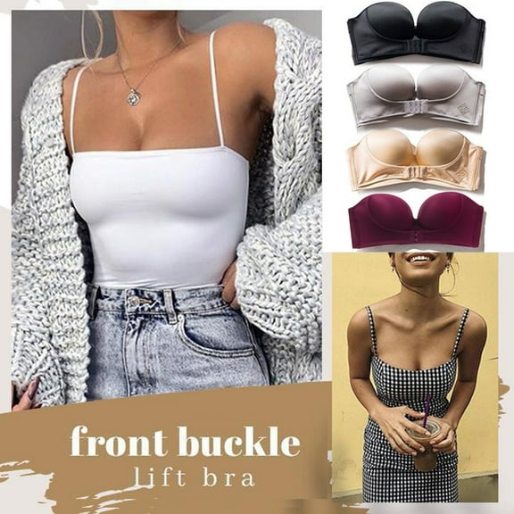 VISALY Strapless Bras For Women Push Up Bra Womens Solid Color Wine Strapless Non Slip Adjustment Rimless Dress Bra F Cup Bandeau Bras For Women Seamless Bras For Women Women'S Bras Wine 70AB