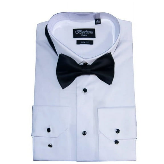 Berlioni Men’s Tuxedo Wingtip Flat Front Slim Fit Dress Shirt Bow Tie French Cuf