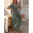 thumbnail image 4 of Green Womens Floral Print V-Neck Wrap Midi Dress With Slit, 4 of 6