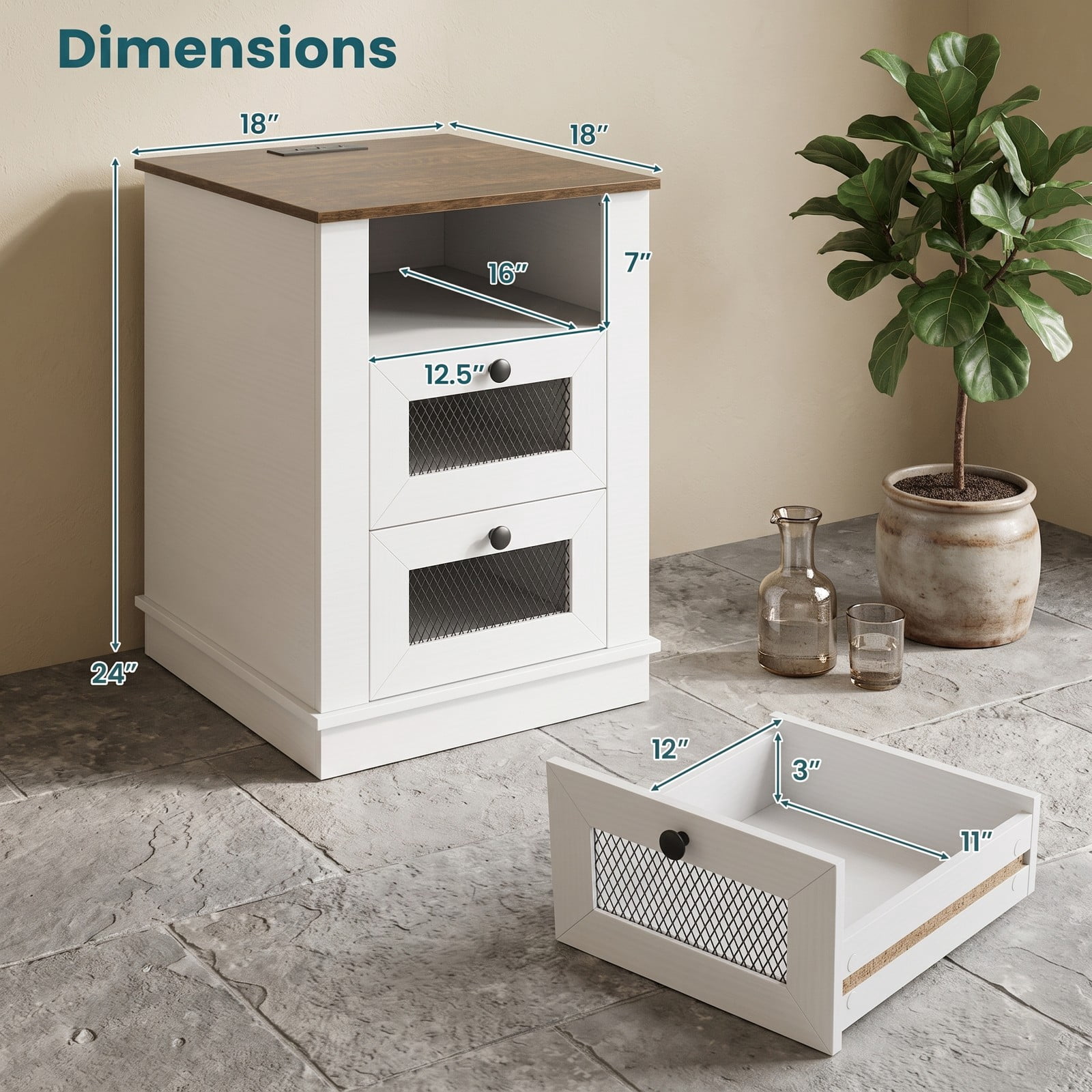 Furnibear Industrial Nightstand with Charging Station and 2 Drawers, Bedside Table with Metal Mesh Fronts and Open Compartment, Rustic Brown