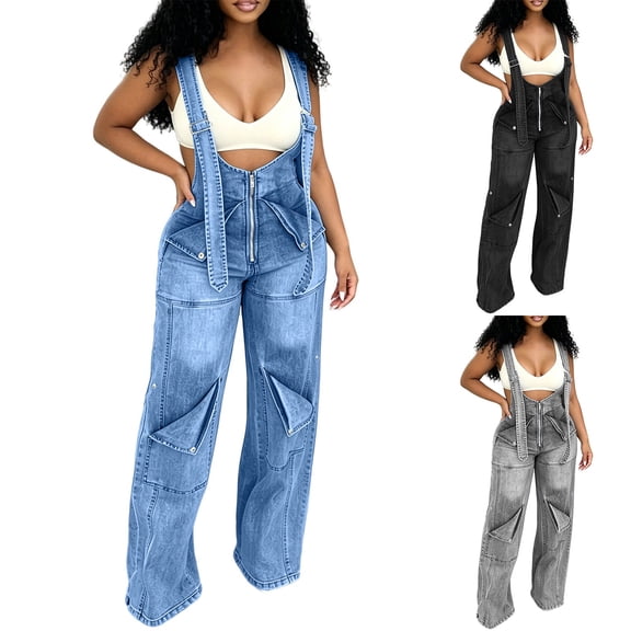 Purcolt Overalls for Women Stretchy Casual Square Neck Adjustable Strap Wide Leg Baggy Suspender Jumpsuit Y2K Vintage Loose Fit Bib Rompers Streetwear with Pockets