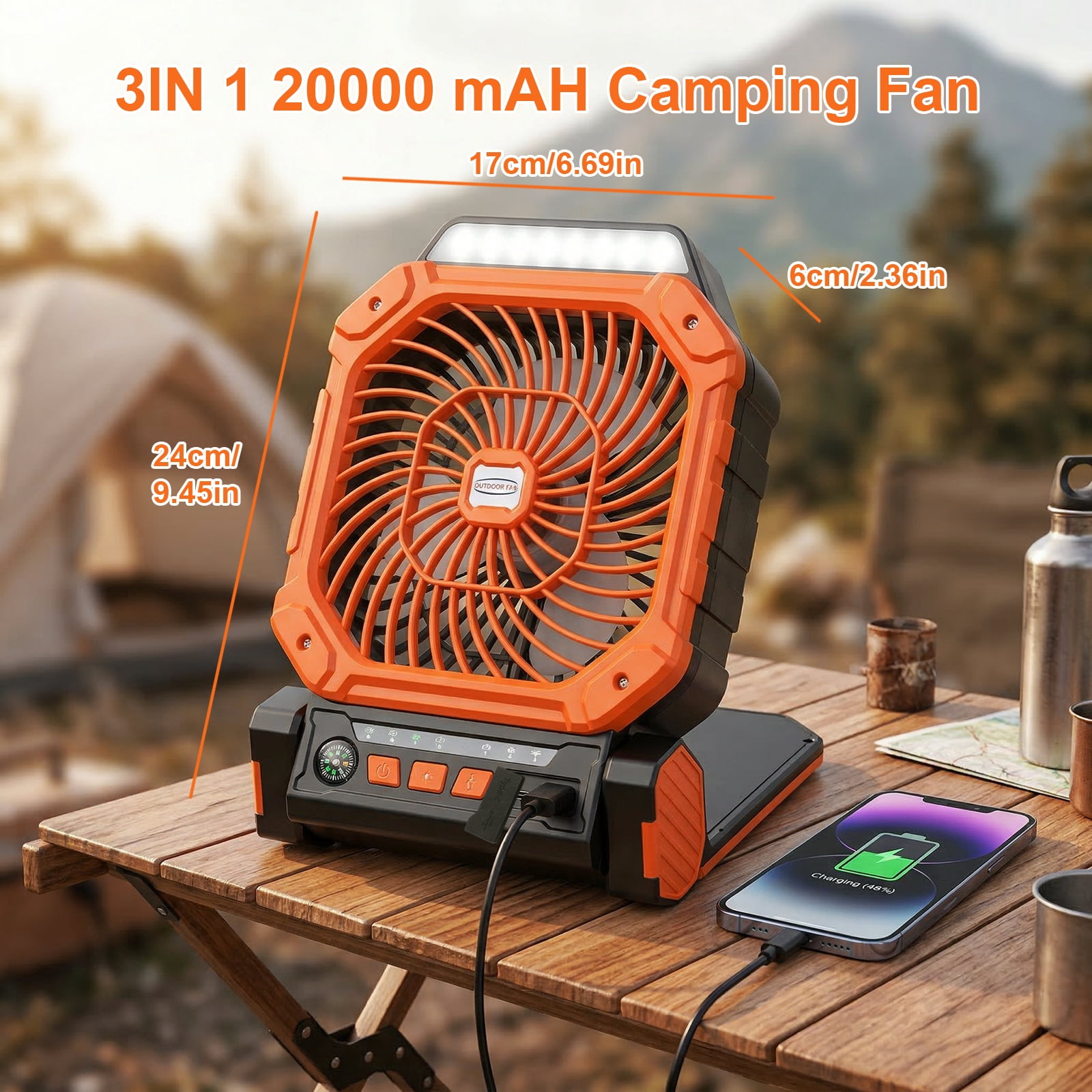 Fohil 20000mAh Solar Camping Fan with LED Light, Solar/USB Charging, 4-Speed Fan,3 Timer Settings, Phone Charging for Camping Fishing Travel Outdoor, Orange