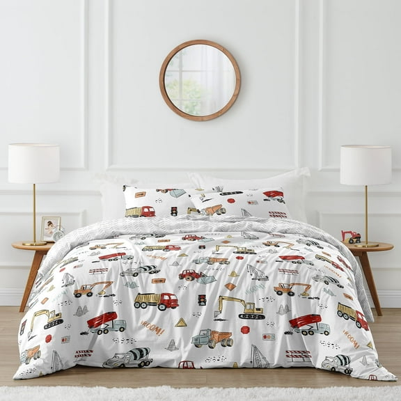 Sweet Jojo Designs Construction Truck Red Blue and Grey Full/Queen Bed Comforter 3 Piece Bedding Set - 3 Piece