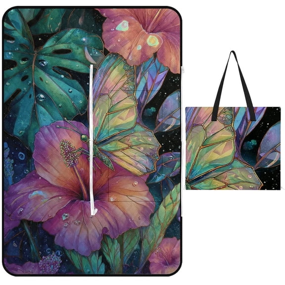 Iridescent Butterfly Tropical Flowers Rainforest Art Waterproof Picnic Blanket with Foldable Zipper, Suitable for Outdoor Use, Suitable for Travel, Camping, Beaches, Parks, Grasslands, Picnic Blanket