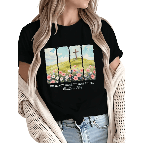 Women Matthew 28:6 Easter Cross Graphic Tees Cotton Crew Neck T Shirt fun Tops Black S-5XL