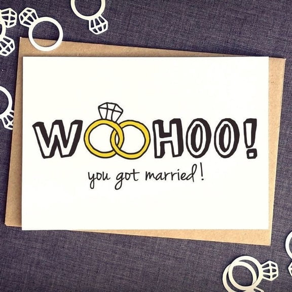 Woohoo! You Got Married Card – Fun Wedding Congratulations Card with Rings Design – Blank Inside, Envelope Included – Perfect for Newlyweds or Wedding Celebrations