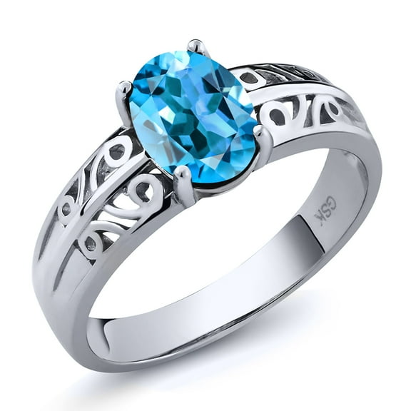 Gem Stone King 1.50 Cttw Swiss Blue Topaz Ring for Women | 925 Sterling Silver | Oval 8X6MM | Gemstone Birthstone | Wedding Engagement Anniversary Promise Ring for Women | Size 8