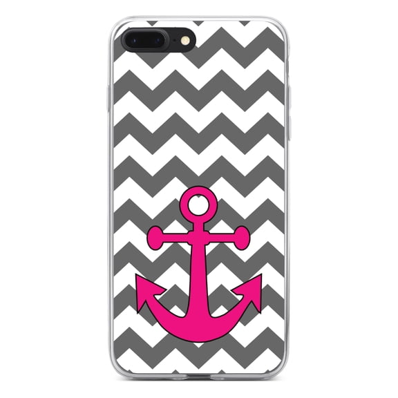 DistinctInk Clear Shockproof Hybrid Case for iPhone 7 PLUS / 8 PLUS (5.5" Screen) - TPU Bumper, Acrylic Back, Tempered Glass Screen Protector - Grey White Pink Chevron Anchor - Nautical Chevron Design