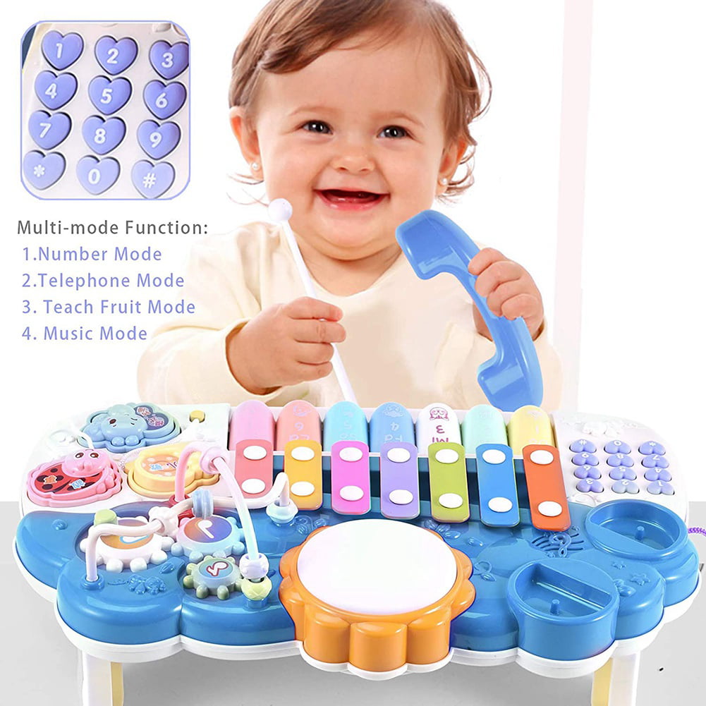 Blue Baby Musical Toys Mucial Toys for Toddlers 1-3 Learning Toys for 1 2 3 Years Old Boys Girls Toddlers Kids Best Educational Gifts Drum toy set with Phone Bead Maze Gear Xylophone Piano