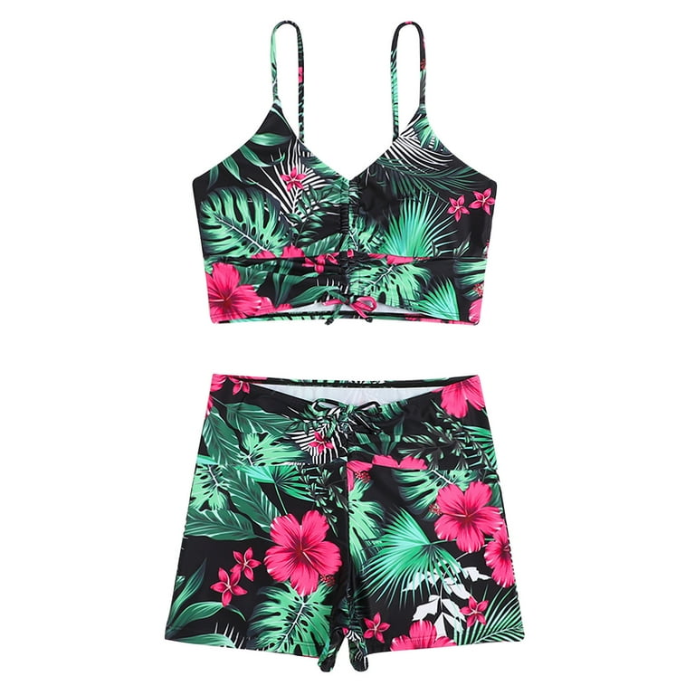 YWDJ Bathing Suit for Women 2 Piece Bikini Full Coverage Hawaiian Flower  Print Conservative with Boyshorts Beach Beachwear Fashion Tummy Control